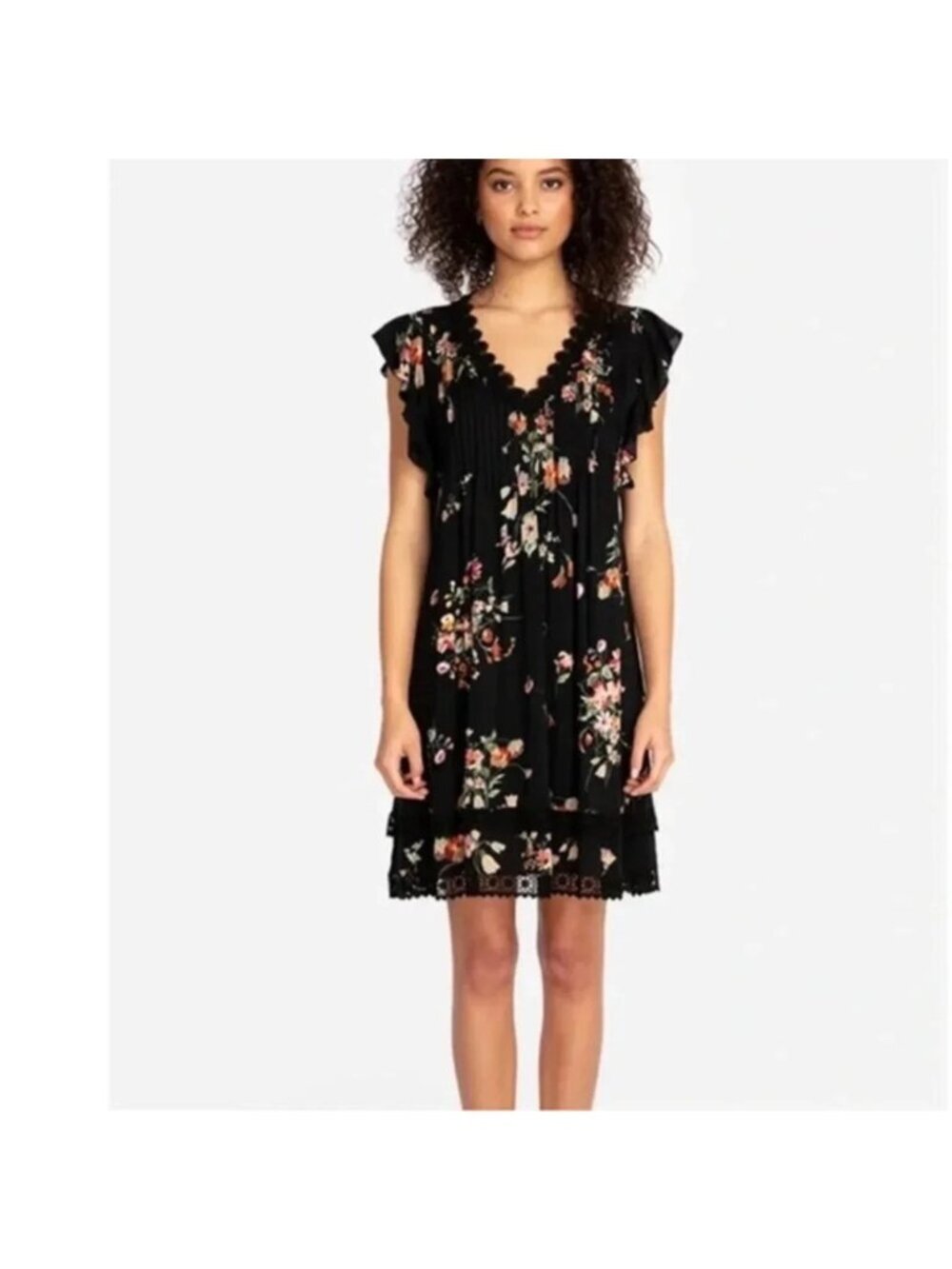 Jade by Johnny Was Womens Pintuck Tunic Mini Dress Size M Black Lace Trim Floral